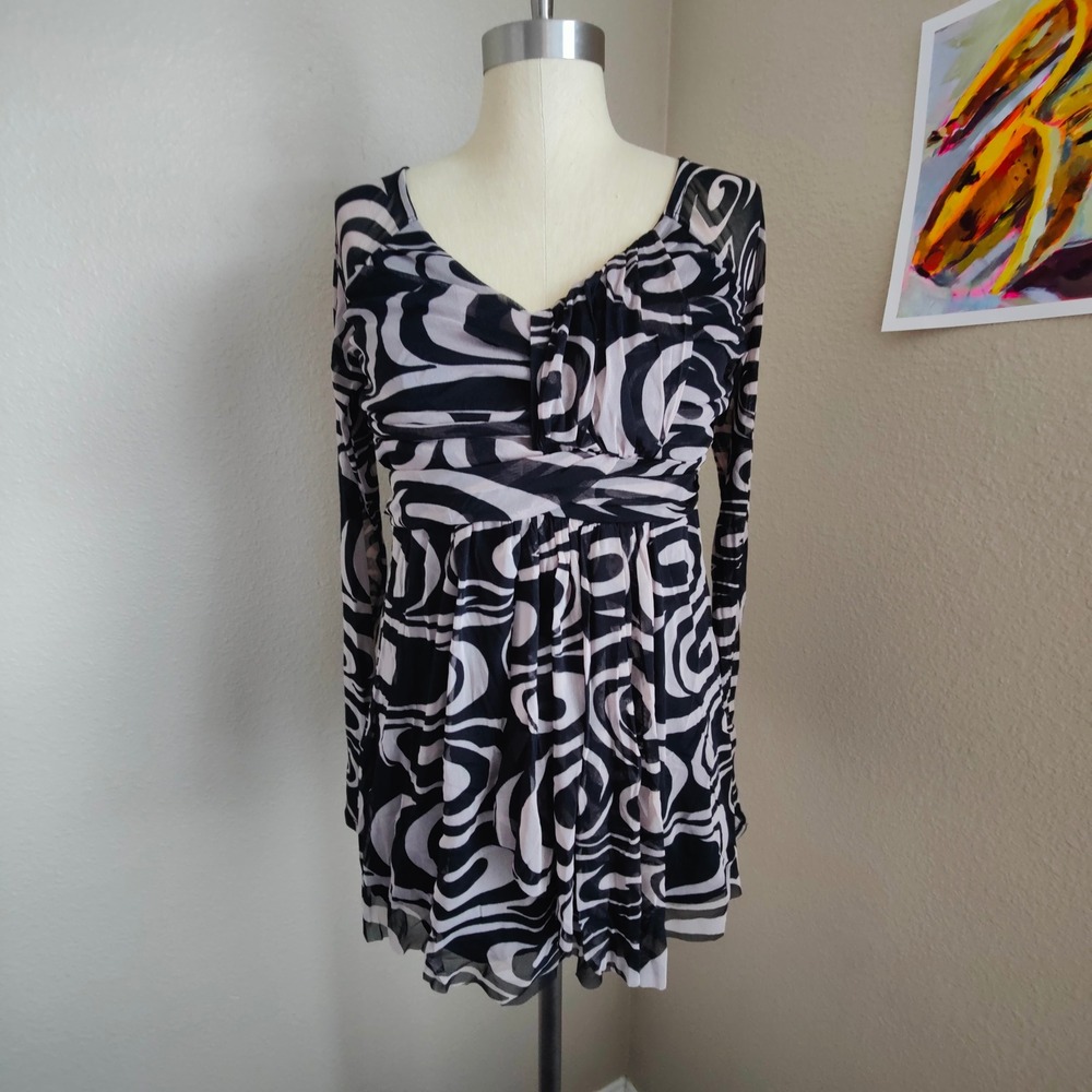 Vintage Y2K Abstract Mesh Babydoll Top‎ Long Sleeve Deadstock Whimsigoth Indie M